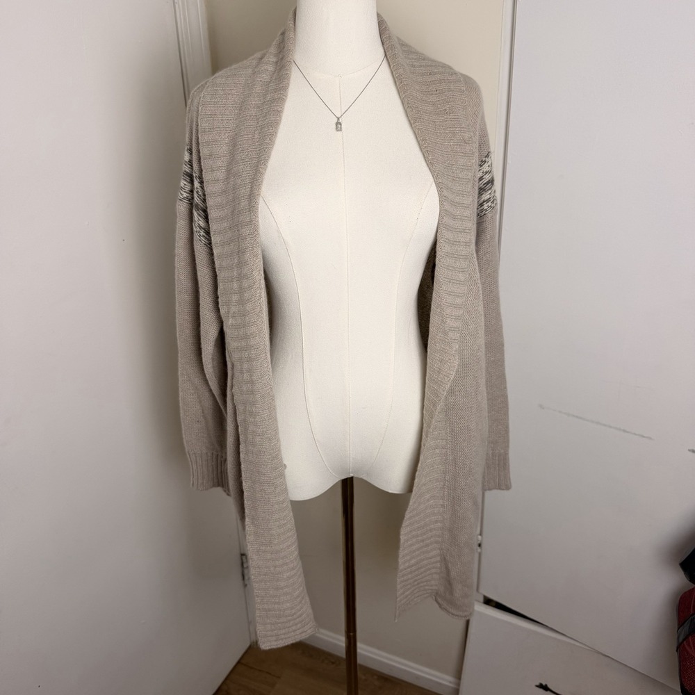 360 Sweater Cardigan Womens Sz M Cashmere Beige Stripe Duster Open Front